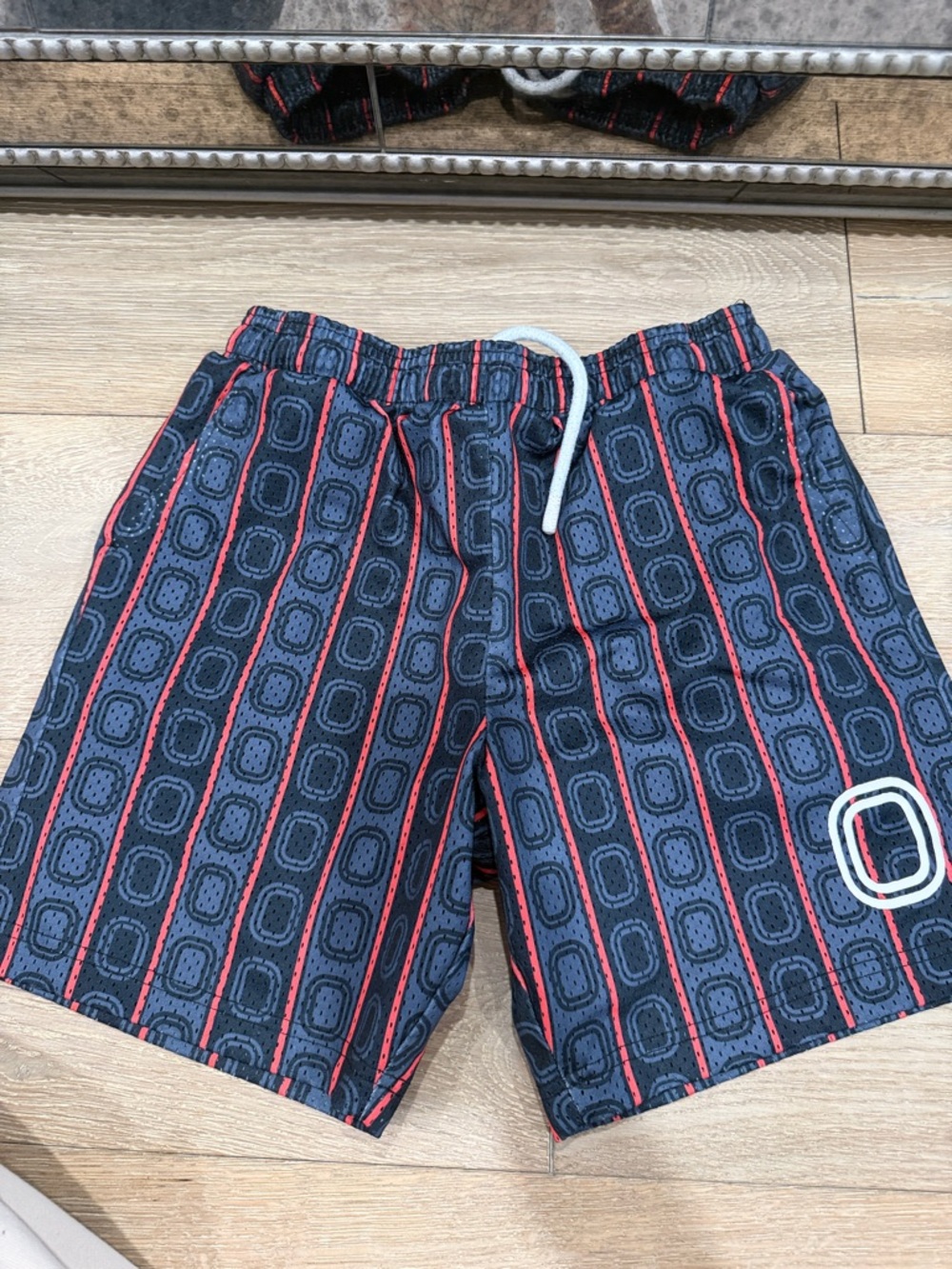 Boys Navy and Red Patterned Swim Shorts